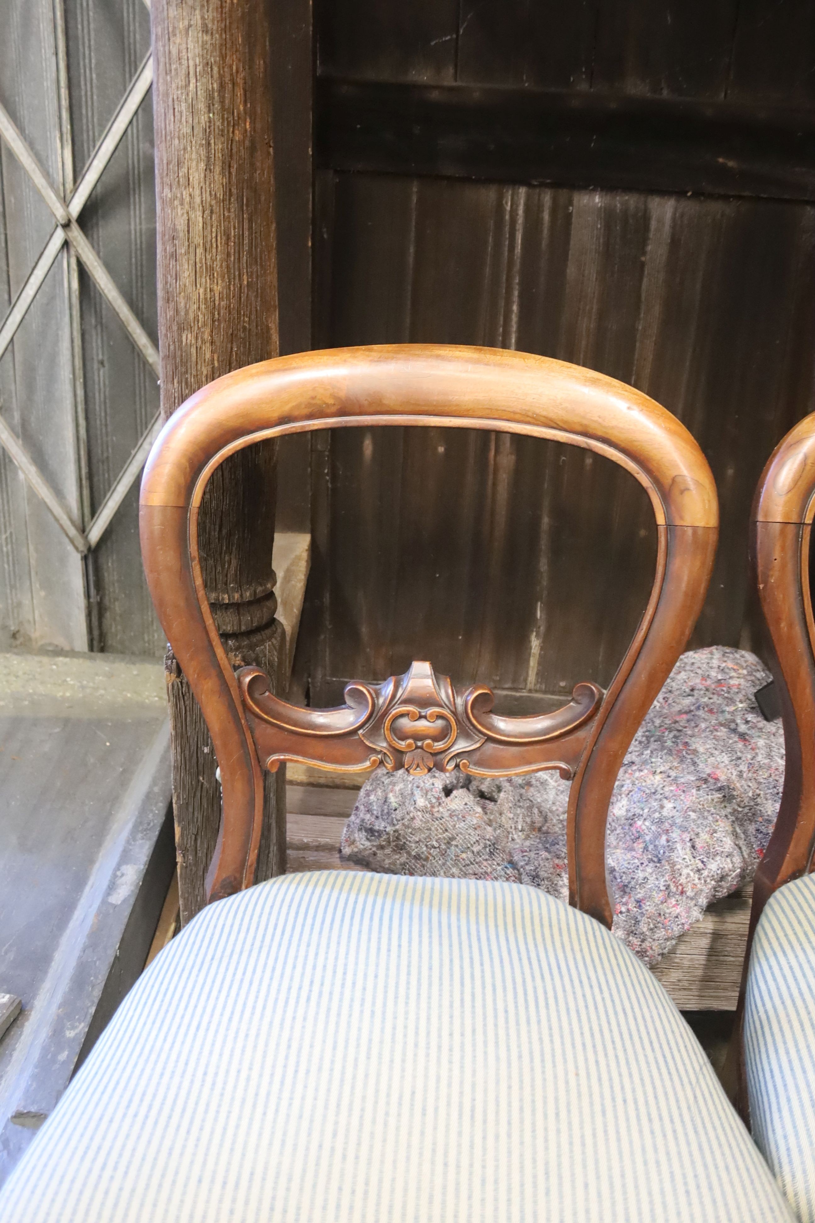 A set of four Victorian mahogany balloon back dining chairs (damage)